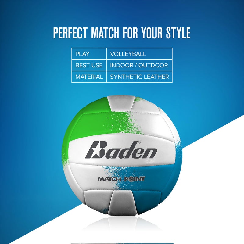 Baden | Match Point | Cushioned Synthetic Leather | Outdoor Recreation Backyard Volleyball + College Camp Ball | All Ages | Official Size 5 | Neon Green/Blue/White - Image 3